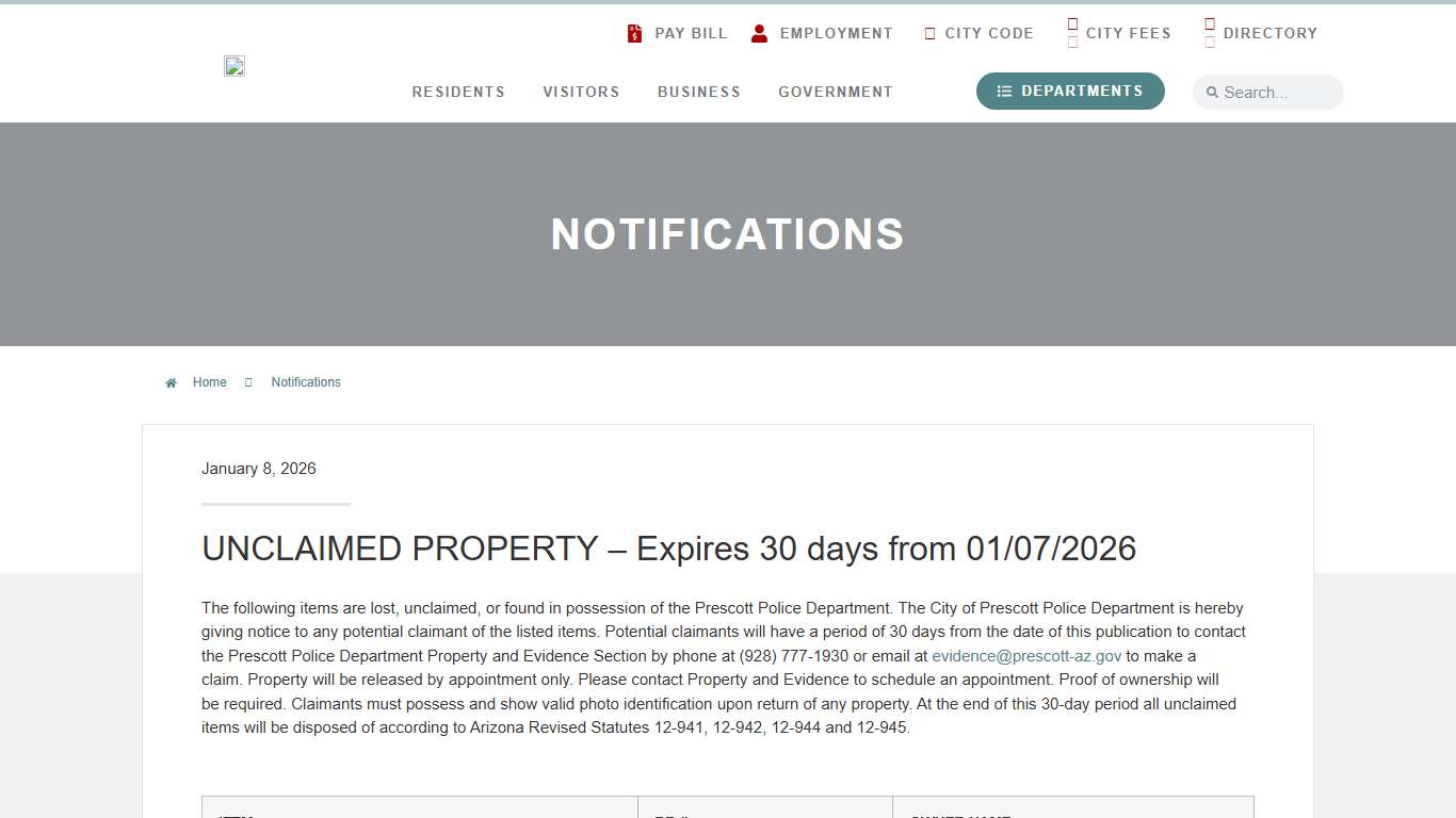 UNCLAIMED PROPERTY - Expires 30 days from 01/07/2026 - City of Prescott AZ