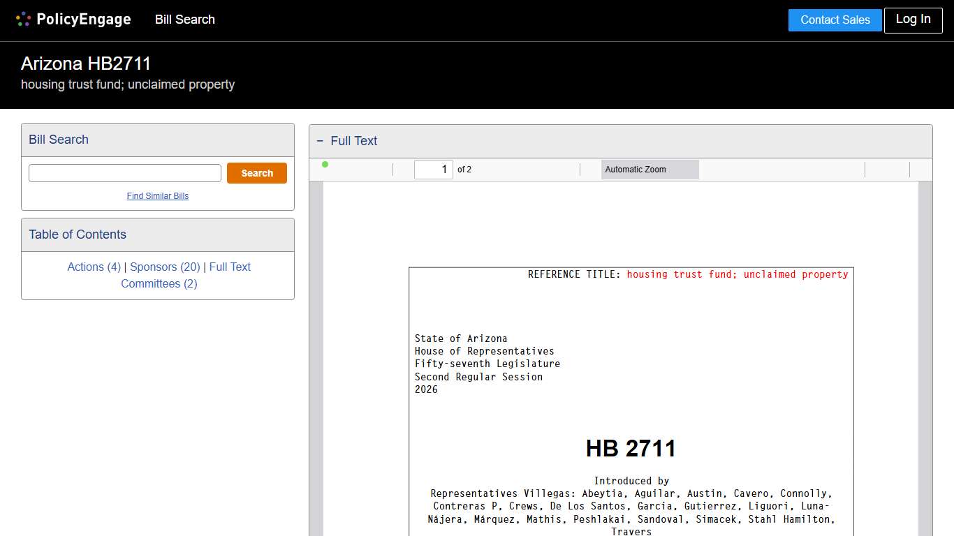HB2711 Arizona 2026 housing trust fund; unclaimed property - Legislative Tracking PolicyEngage